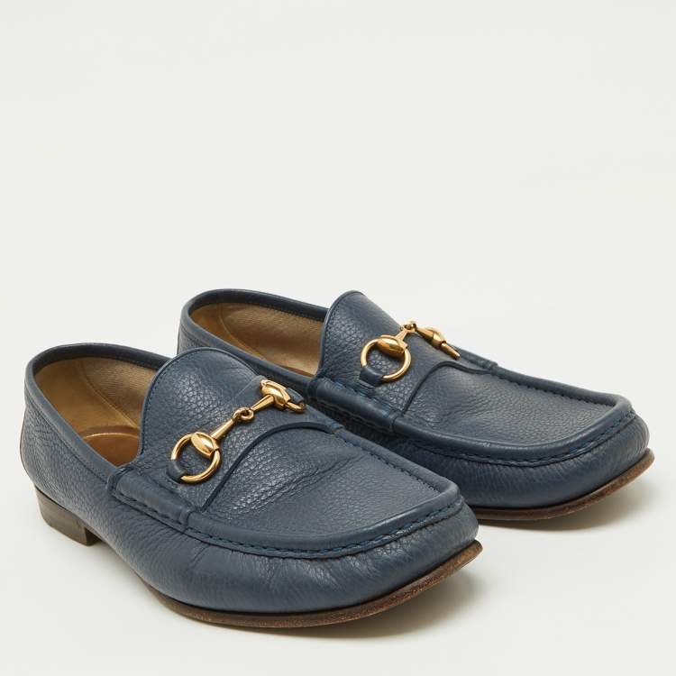 Pre Owned Gucci Navy Blue Leather Horsebit Detail Slip On Loafers Size 42.5