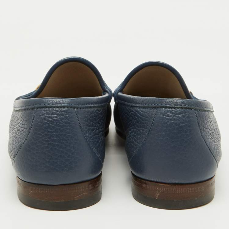 Pre Owned Gucci Navy Blue Leather Horsebit Detail Slip On Loafers Size 42.5