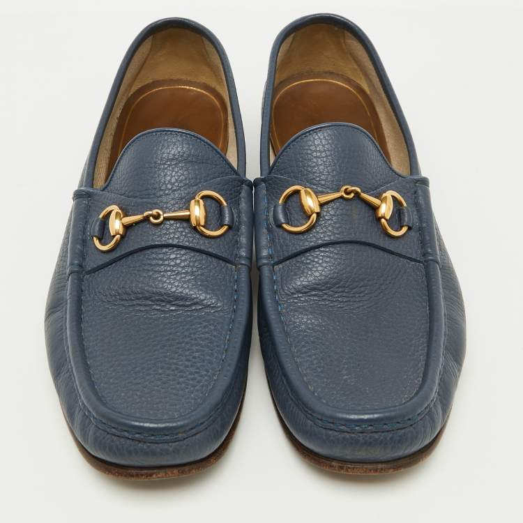 Pre Owned Gucci Navy Blue Leather Horsebit Detail Slip On Loafers Size 42.5
