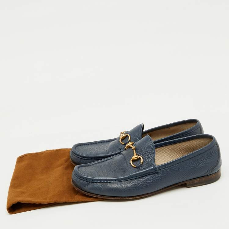 Pre Owned Gucci Navy Blue Leather Horsebit Detail Slip On Loafers Size 42.5