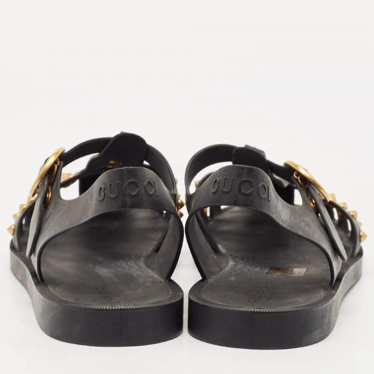 Pre Owned Gucci Black Rubber Studded Tiger Head Flat Sandals Size 41