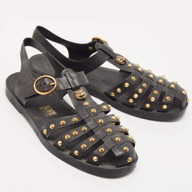 Pre Owned Gucci Black Rubber Studded Tiger Head Flat Sandals Size 41