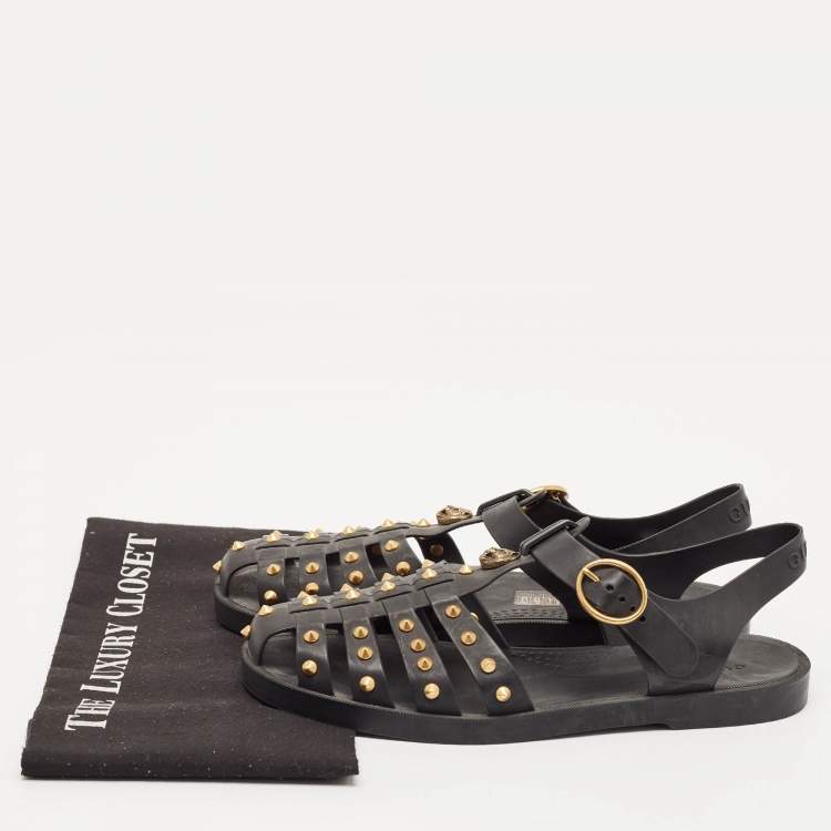 Pre Owned Gucci Black Rubber Studded Tiger Head Flat Sandals Size 41