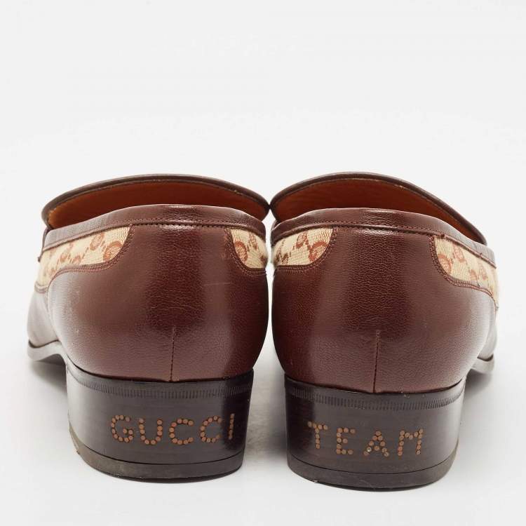 Pre Owned Gucci Beige/Brown Canvas and Leather GG Slip On Loafers Size 43
