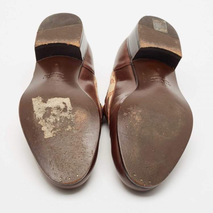 Pre Owned Gucci Beige/Brown Canvas and Leather GG Slip On Loafers Size 43