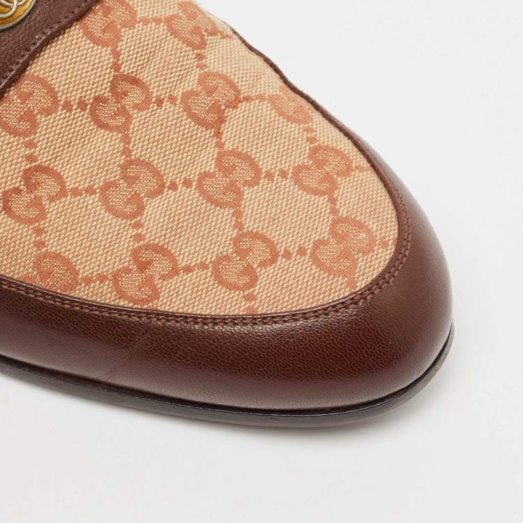 Pre Owned Gucci Beige/Brown Canvas and Leather GG Slip On Loafers Size 43