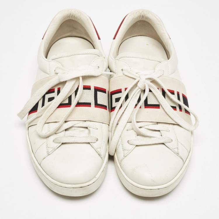 Pre Owned Gucci White Leather Logo Band Ace Sneakers Size 39