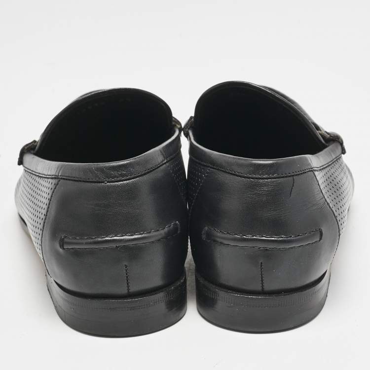 Pre Owned Gucci Black Perforated Leather Horsebit Web Slip On Loafers Size 42.5