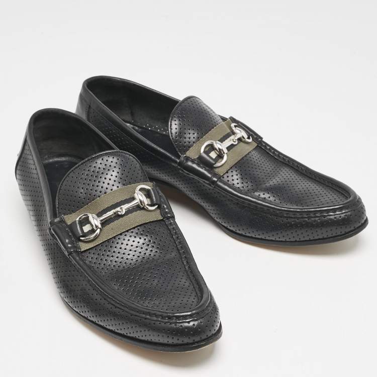 Pre Owned Gucci Black Perforated Leather Horsebit Web Slip On Loafers Size 42.5
