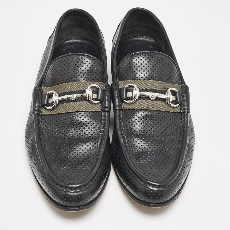 Pre Owned Gucci Black Perforated Leather Horsebit Web Slip On Loafers Size 42.5