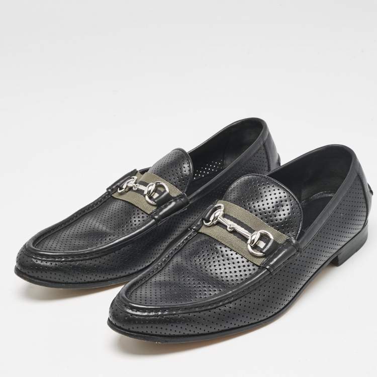 Pre Owned Gucci Black Perforated Leather Horsebit Web Slip On Loafers Size 42.5