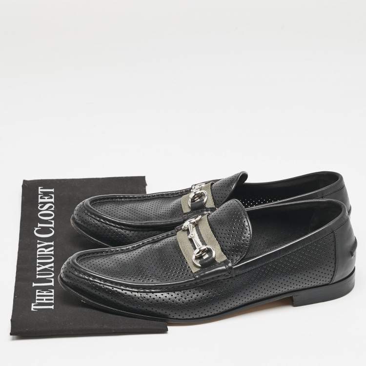 Pre Owned Gucci Black Perforated Leather Horsebit Web Slip On Loafers Size 42.5