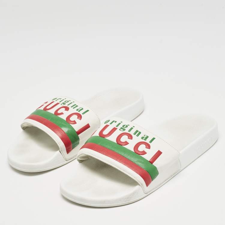 Pre Owned Gucci White Leather Original Flat Slides Size 43