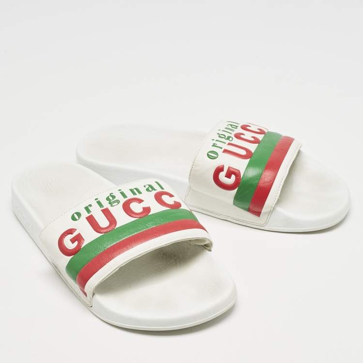 Pre Owned Gucci White Leather Original Flat Slides Size 43