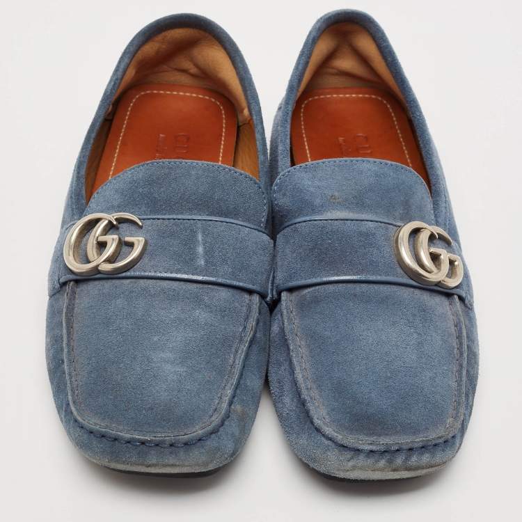 Pre Owned Gucci Blue Suede Double G Slip On Loafers Size 41