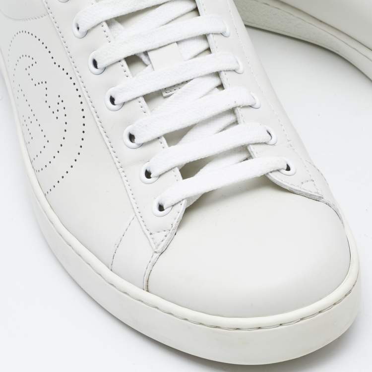 Pre Owned Gucci White/Grey Leather Interlocking G Ace Low Top Sneakers  Size 43