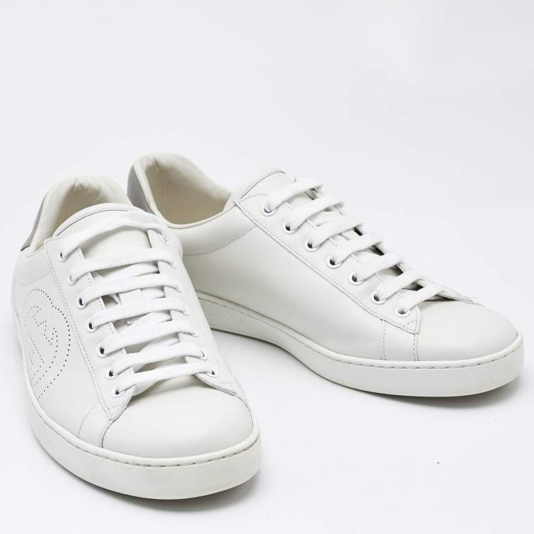 Pre Owned Gucci White/Grey Leather Interlocking G Ace Low Top Sneakers  Size 43