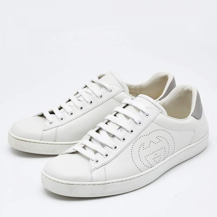 Pre Owned Gucci White/Grey Leather Interlocking G Ace Low Top Sneakers  Size 43
