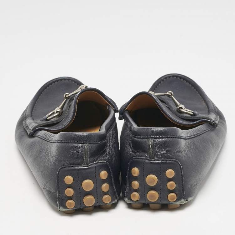 Pre Owned Gucci Navy Blue Leather Web Horsebit Loafers Size 42.5