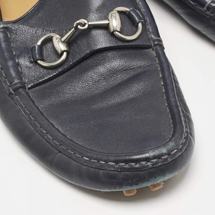 Pre Owned Gucci Navy Blue Leather Web Horsebit Loafers Size 42.5