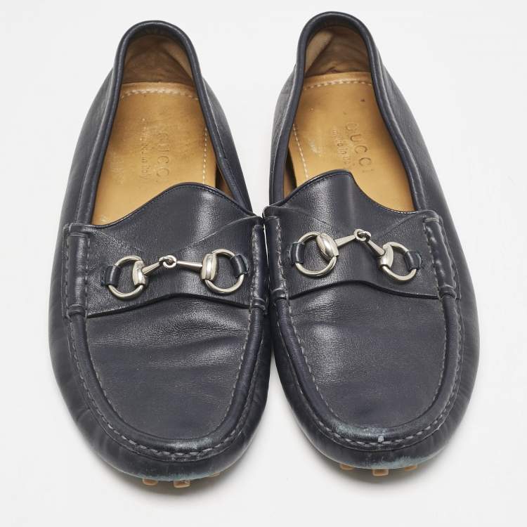 Pre Owned Gucci Navy Blue Leather Web Horsebit Loafers Size 42.5