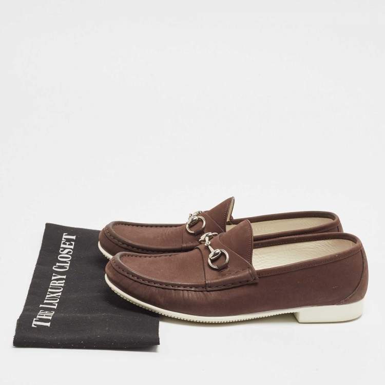 Pre Owned Gucci Brown Nubuck Leather Horsebit Loafers Size 43