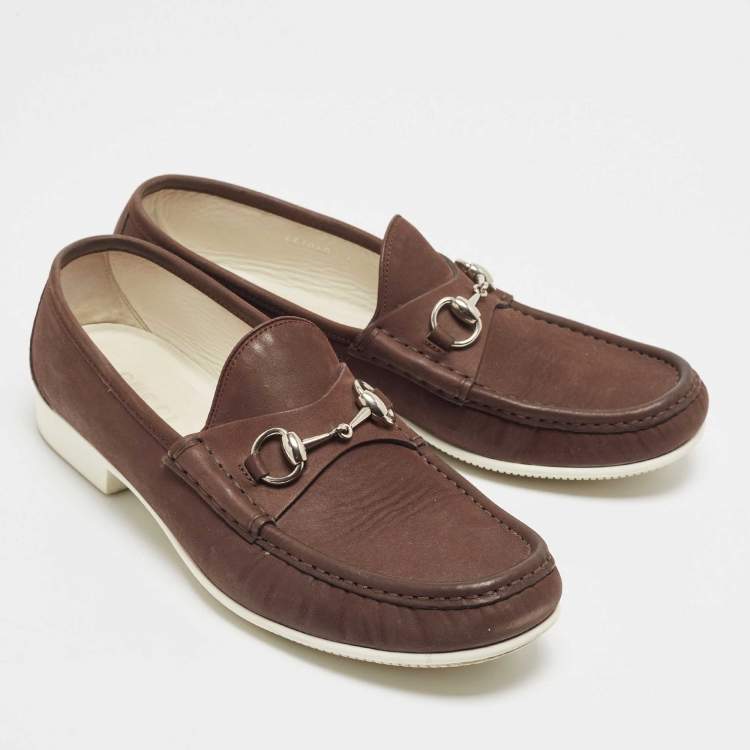 Pre Owned Gucci Brown Nubuck Leather Horsebit Loafers Size 43