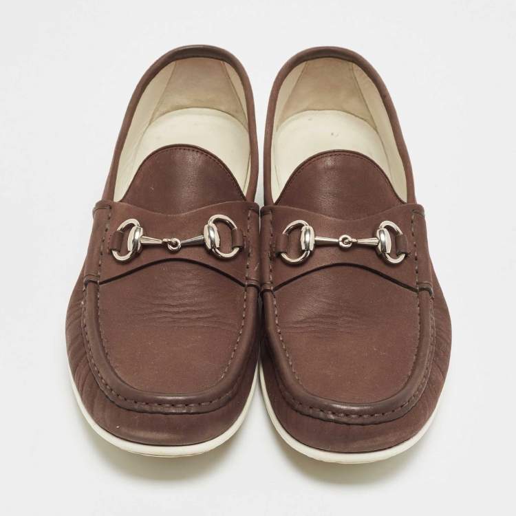 Pre Owned Gucci Brown Nubuck Leather Horsebit Loafers Size 43