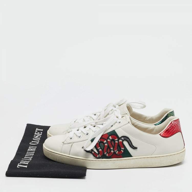 Pre Owned Gucci White Leather Ace Snake Low Top Sneakers Size 40.5