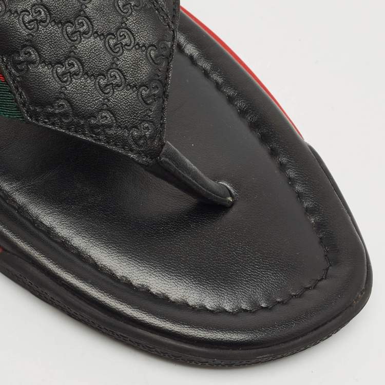 Pre Owned Gucci Black Leather Web Thong Flats Size 44