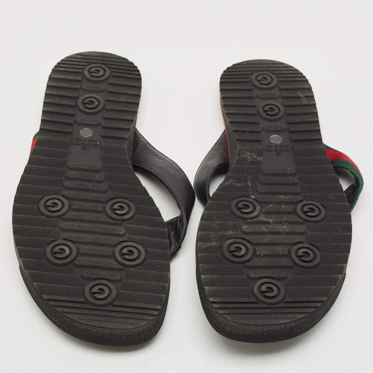 Pre Owned Gucci Black Leather Web Thong Flats Size 44