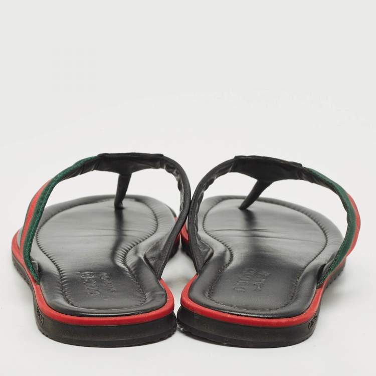 Pre Owned Gucci Black Leather Web Thong Flats Size 44