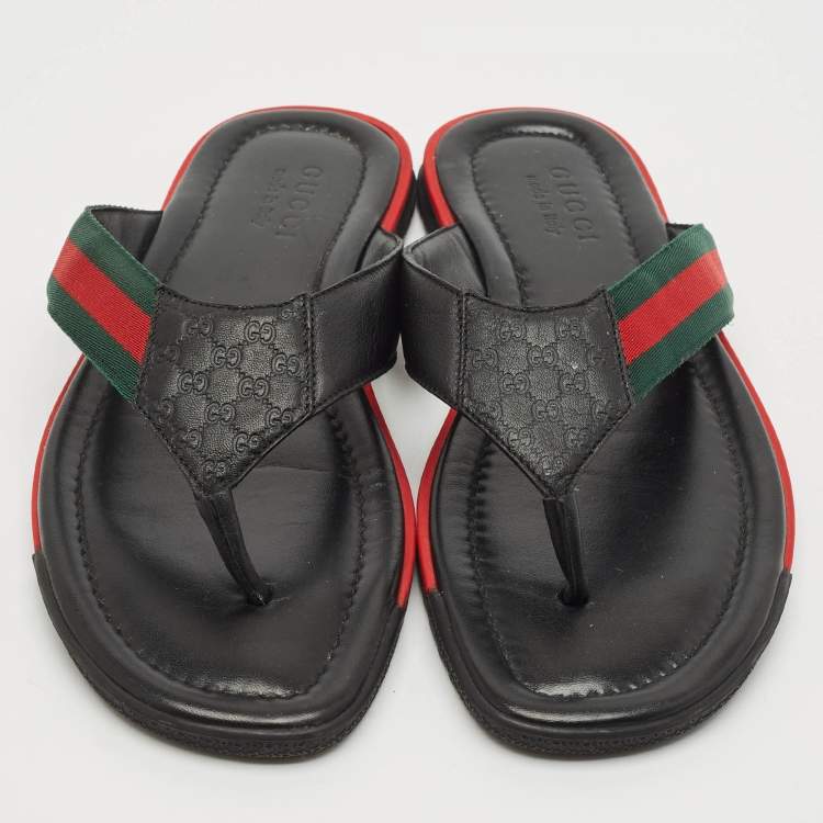 Pre Owned Gucci Black Leather Web Thong Flats Size 44