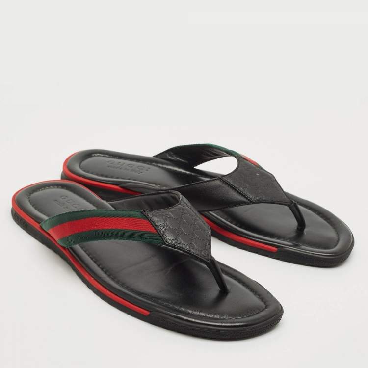 Pre Owned Gucci Black Leather Web Thong Flats Size 44