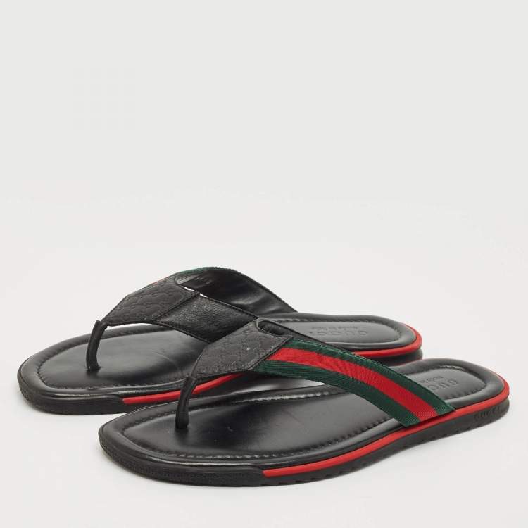 Pre Owned Gucci Black Leather Web Thong Flats Size 44