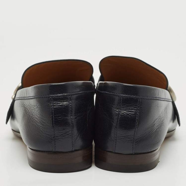 Pre Owned Gucci Navy Blue Leather Gucci Donnie Double G Loafers Size 40