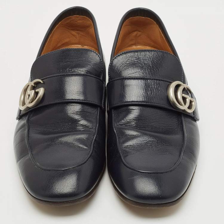 Pre Owned Gucci Navy Blue Leather Gucci Donnie Double G Loafers Size 40