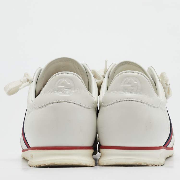 Pre Owned Gucci White Micro Guccissima Leather Web Detail Sneakers Size 43