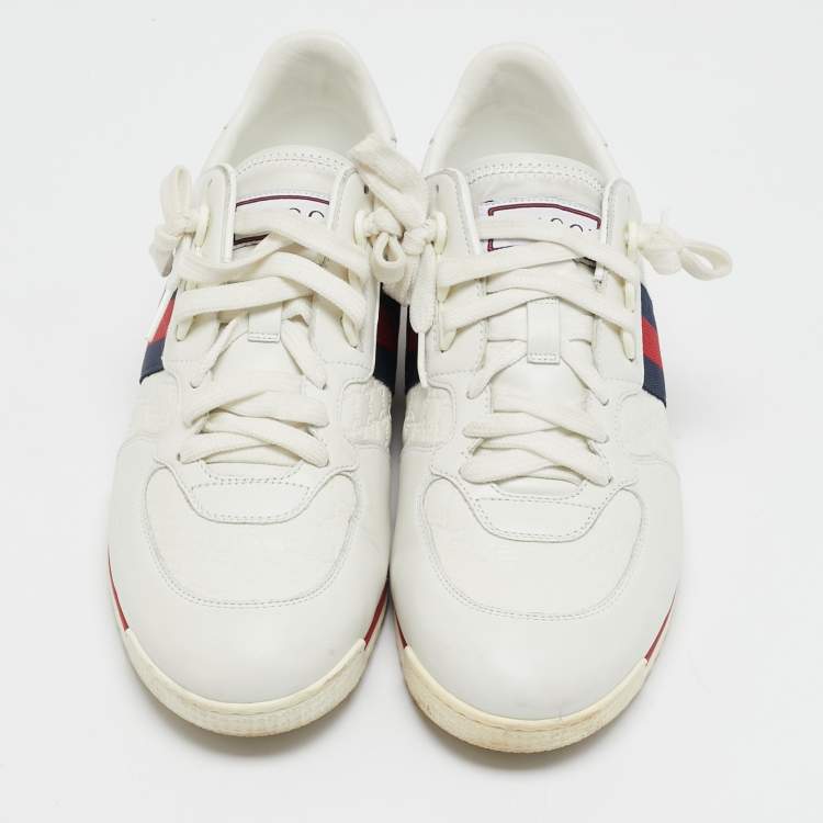 Pre Owned Gucci White Micro Guccissima Leather Web Detail Sneakers Size 43
