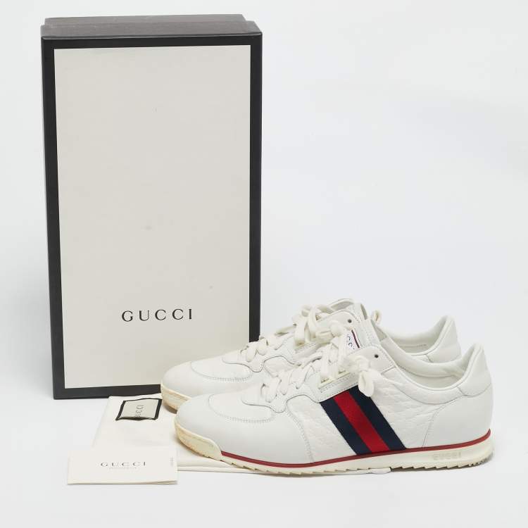 Pre Owned Gucci White Micro Guccissima Leather Web Detail Sneakers Size 43