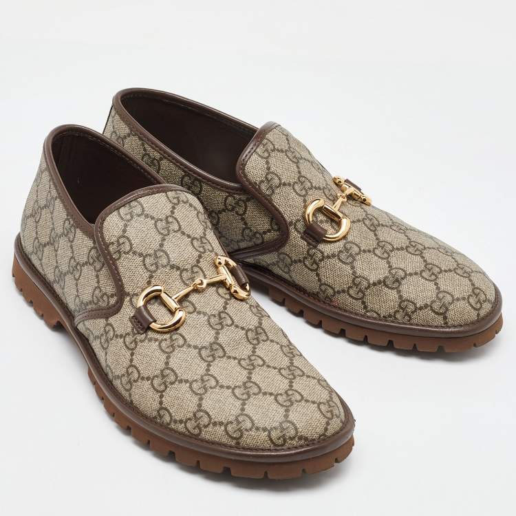 Pre Owned Gucci Beige/Brown GG Supreme Canvas and Leather Horsebit Loafers Size 40