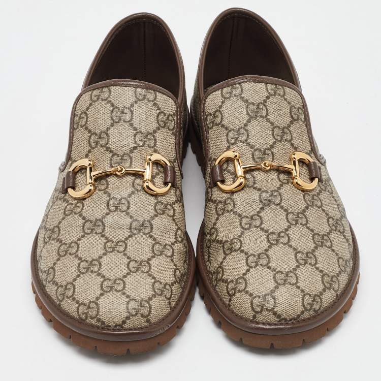 Pre Owned Gucci Beige/Brown GG Supreme Canvas and Leather Horsebit Loafers Size 40