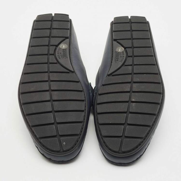 Pre Owned Gucci Navy Blue Microguccisma Leather Slip On Loafers Size 41