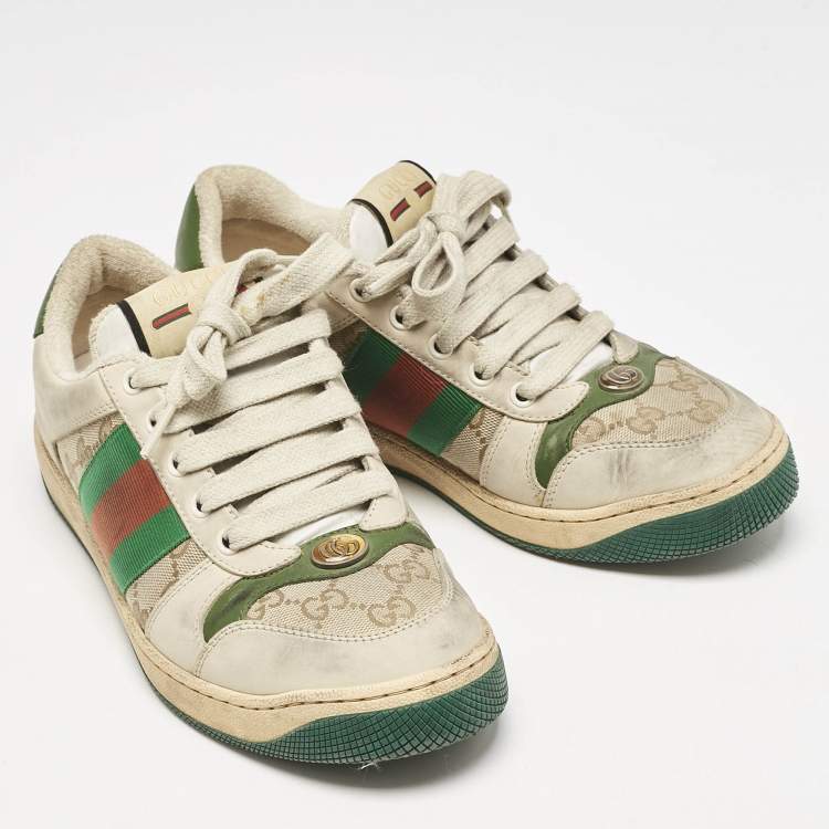 Pre Owned Gucci Beige/Green GG Canvas And Nubuck Leather Screener Low Top Sneakers Size 39