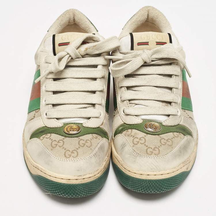 Pre Owned Gucci Beige/Green GG Canvas And Nubuck Leather Screener Low Top Sneakers Size 39