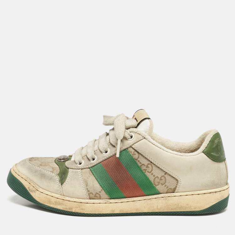 Pre Owned Gucci Beige/Green GG Canvas And Nubuck Leather Screener Low Top Sneakers Size 39