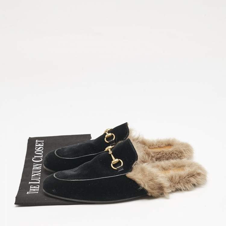 Pre Owned Gucci Black Fur and Velvet Princetown Mules Size 43