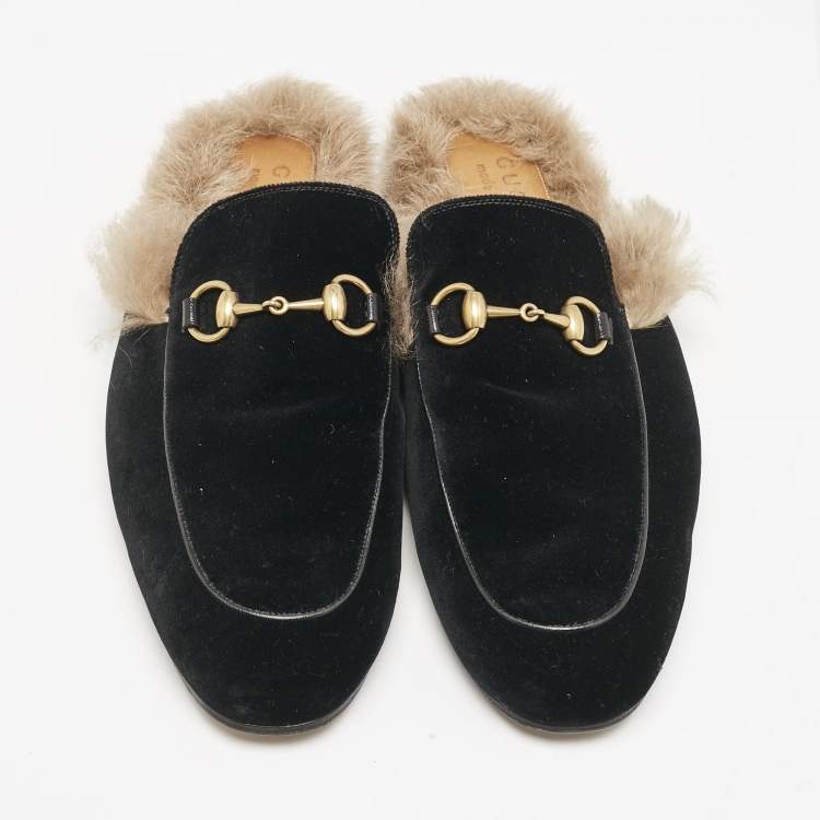 Pre Owned Gucci Black Fur and Velvet Princetown Mules Size 43