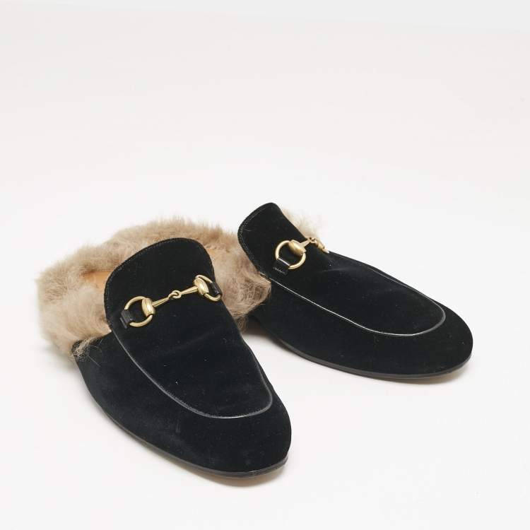 Pre Owned Gucci Black Fur and Velvet Princetown Mules Size 43