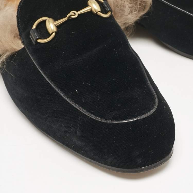 Pre Owned Gucci Black Fur and Velvet Princetown Mules Size 43